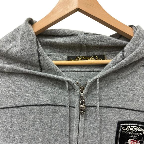 NWT Ed Hardy Mens Patch Knitted Striped Zip Up Hoodie Sweater Gray Size XL - Picture 3 of 10